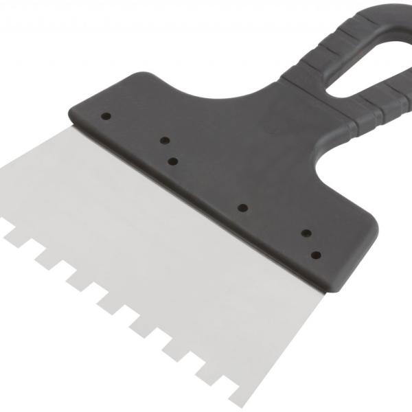Шпатель 10х10мм 200мм, нержавеющий зубчатый с пластмассовой ручкой, FIT,06630